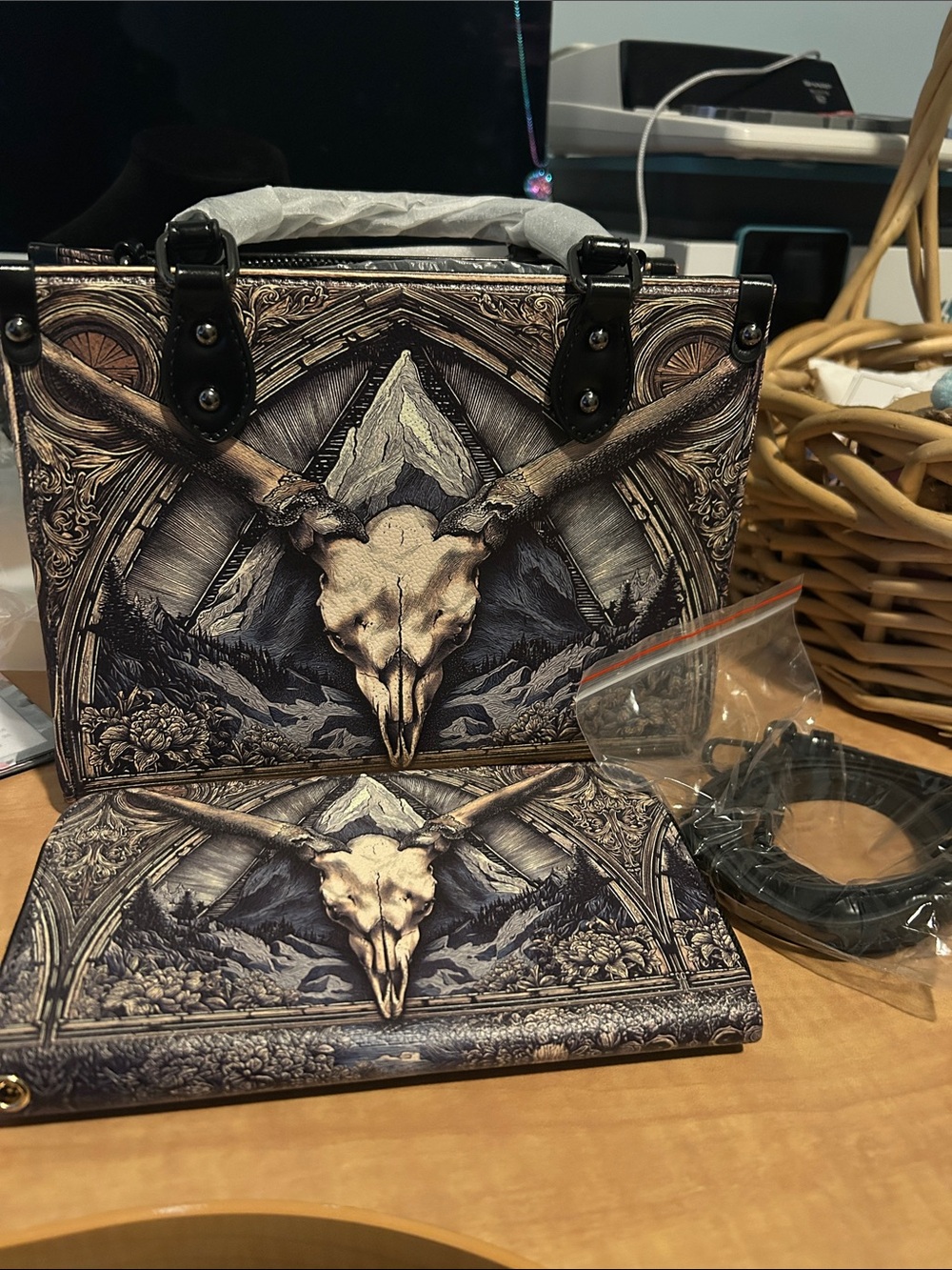 Skull Motif Crossbody Bag for Women - Black and Cream Matching wallet included